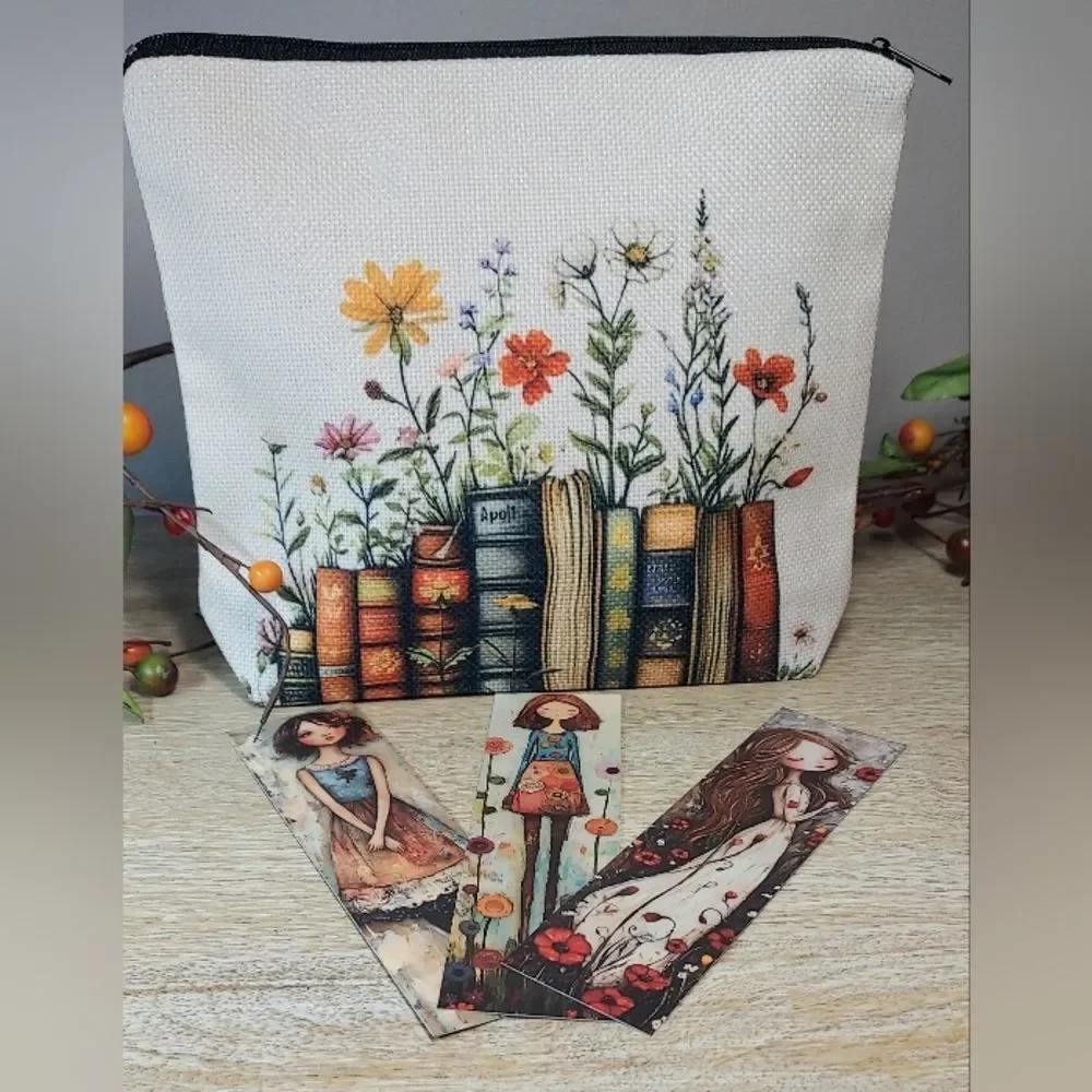 Colorful Book And Flower Print Pouch Cosmetic Bag with Bookmarks NWT